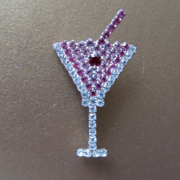 Martini Glass Vintage Pin White Pink Crystal Pin - Picture 1 of 7